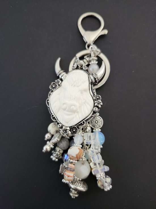 Handmade Accessories - Highland Cow Purse Charm or Keychain Jasper Opal Rhodonite Handcrafted